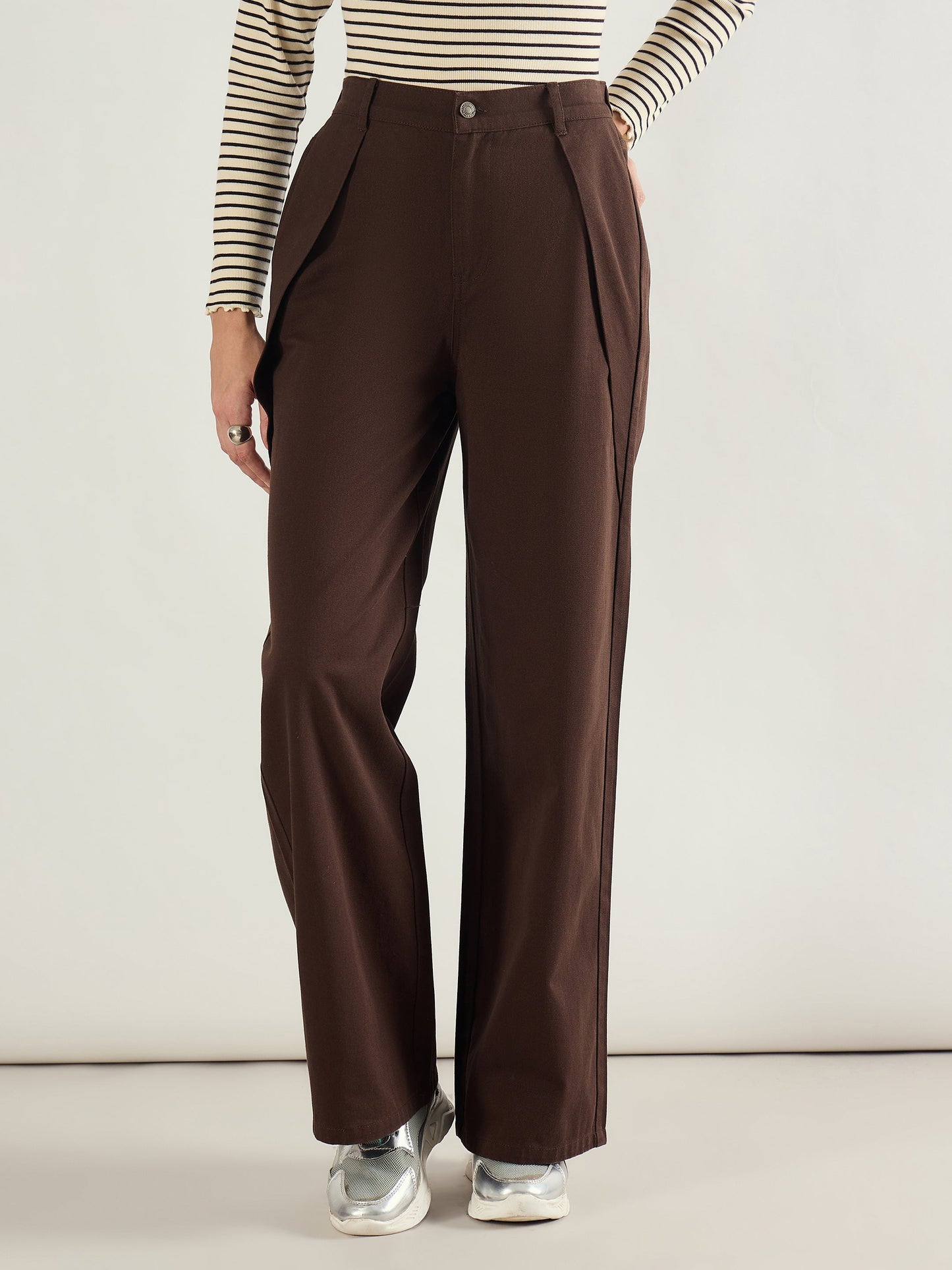 Brown Twill Inverted Pleat Wide Leg Pants