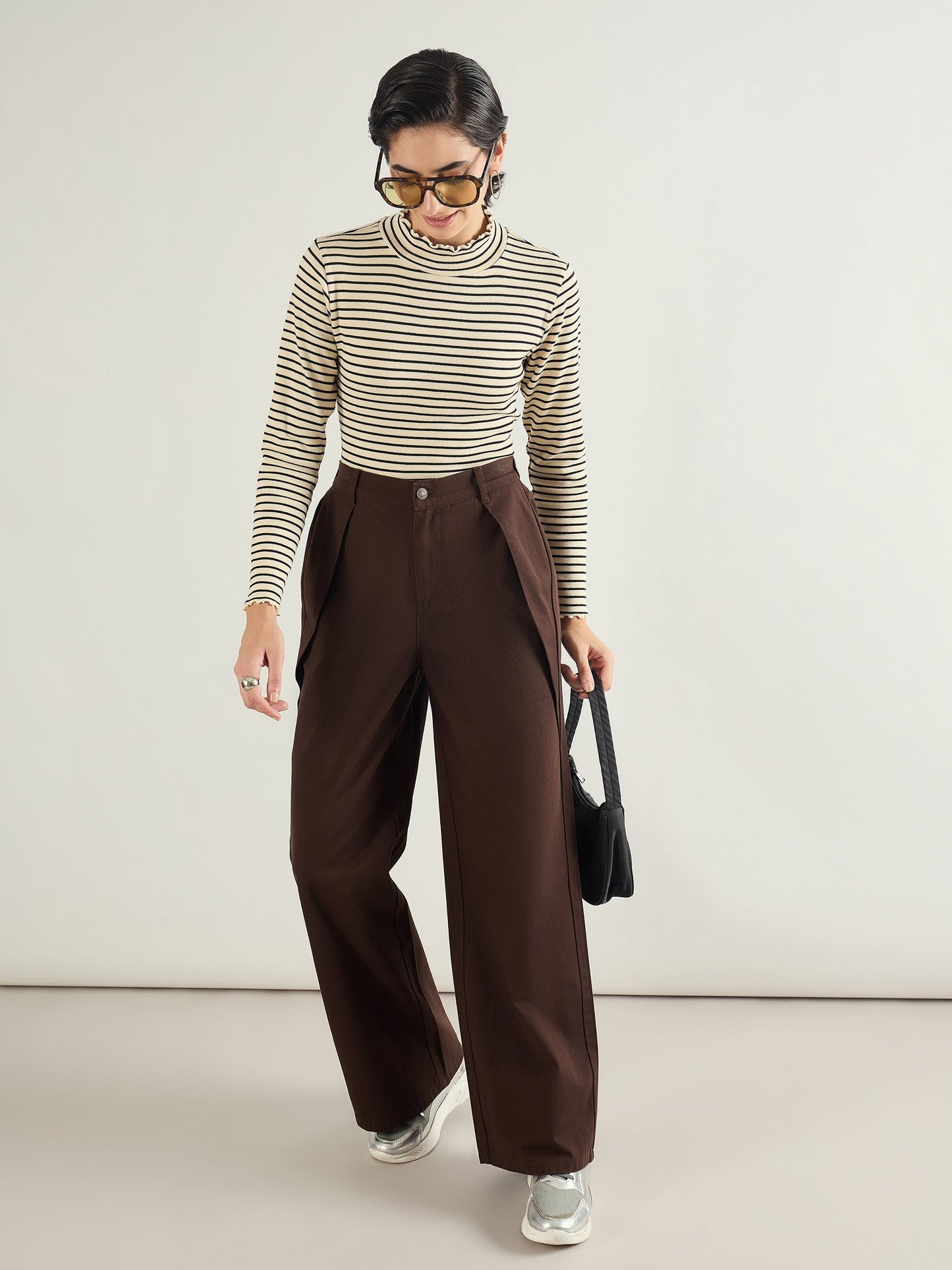 Brown Twill Inverted Pleat Wide Leg Pants