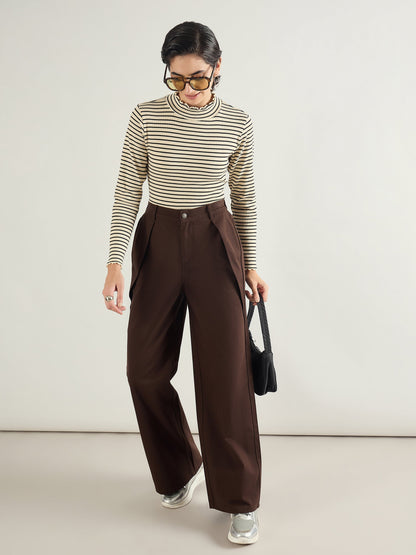 Brown Twill Inverted Pleat Wide Leg Pants