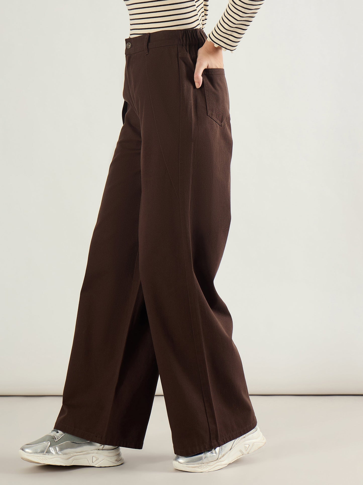 Brown Twill Inverted Pleat Wide Leg Pants