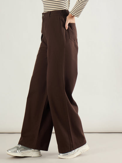 Brown Twill Inverted Pleat Wide Leg Pants