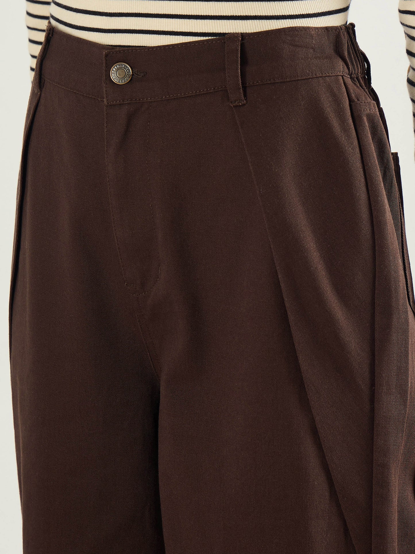 Brown Twill Inverted Pleat Wide Leg Pants