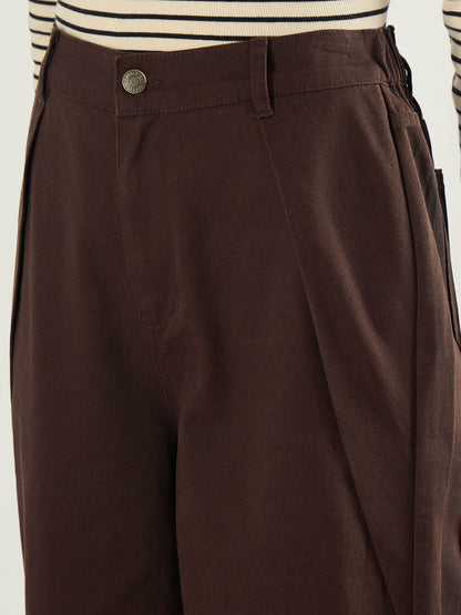 Brown Twill Inverted Pleat Wide Leg Pants