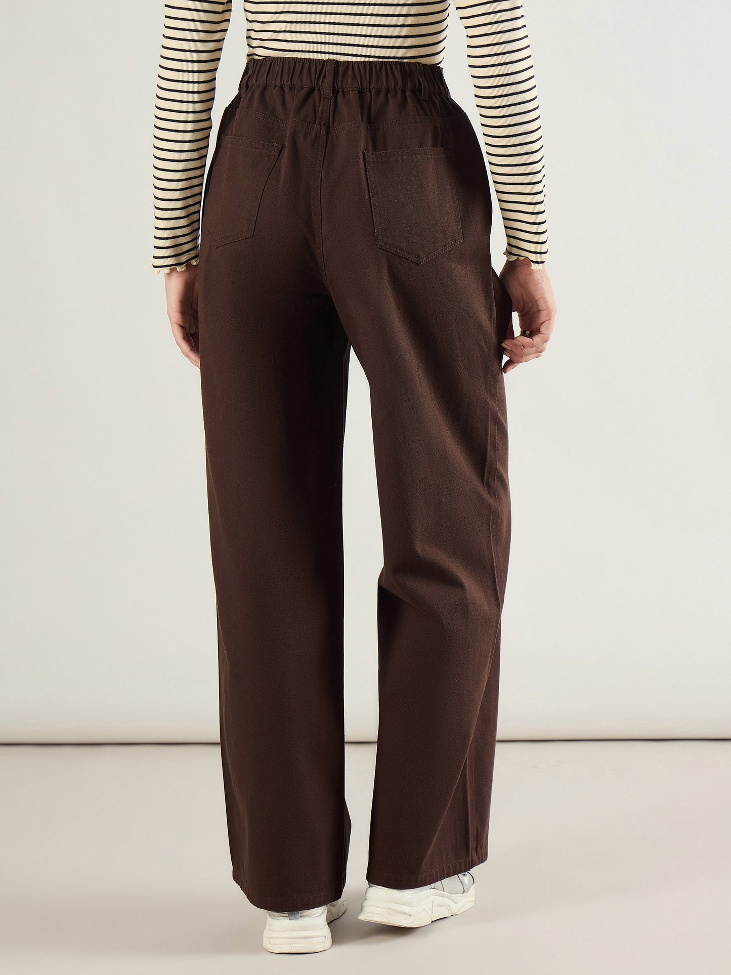Brown Twill Inverted Pleat Wide Leg Pants