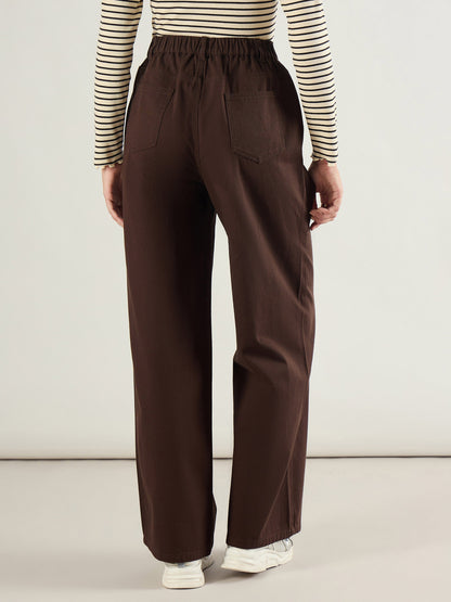 Brown Twill Inverted Pleat Wide Leg Pants