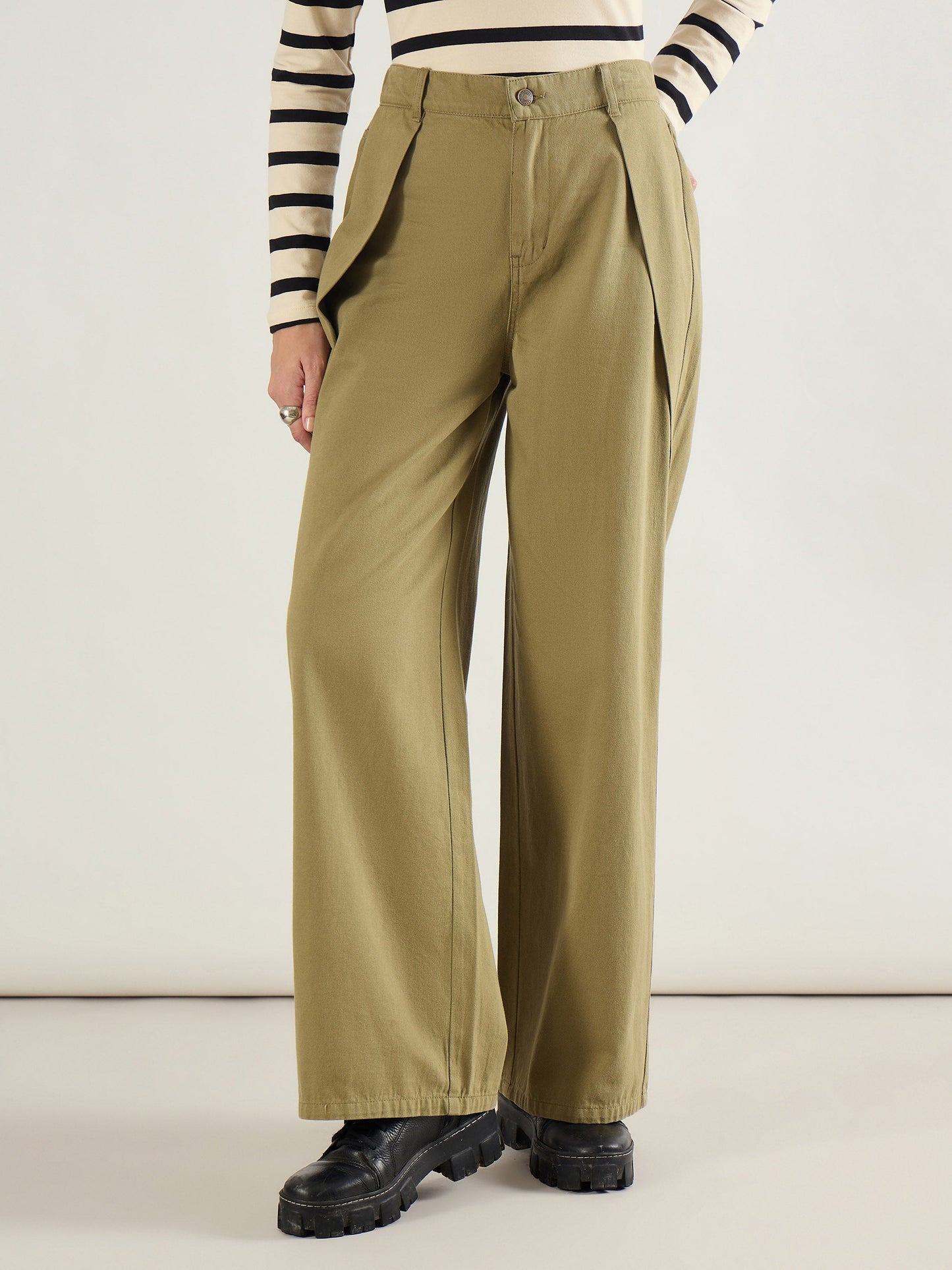 Olive Twill Inverted Pleat Wide Leg Pants