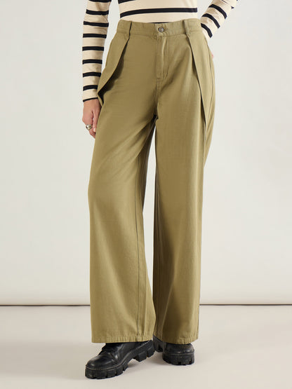 Olive Twill Inverted Pleat Wide Leg Pants