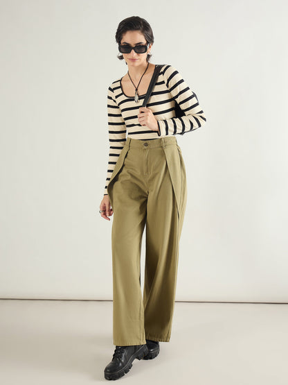 Olive Twill Inverted Pleat Wide Leg Pants