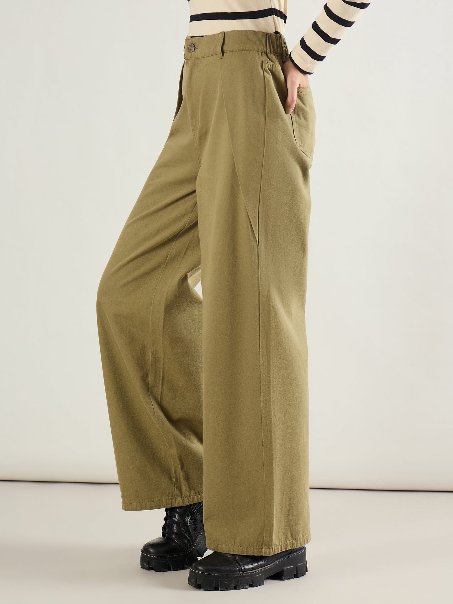 Olive Twill Inverted Pleat Wide Leg Pants