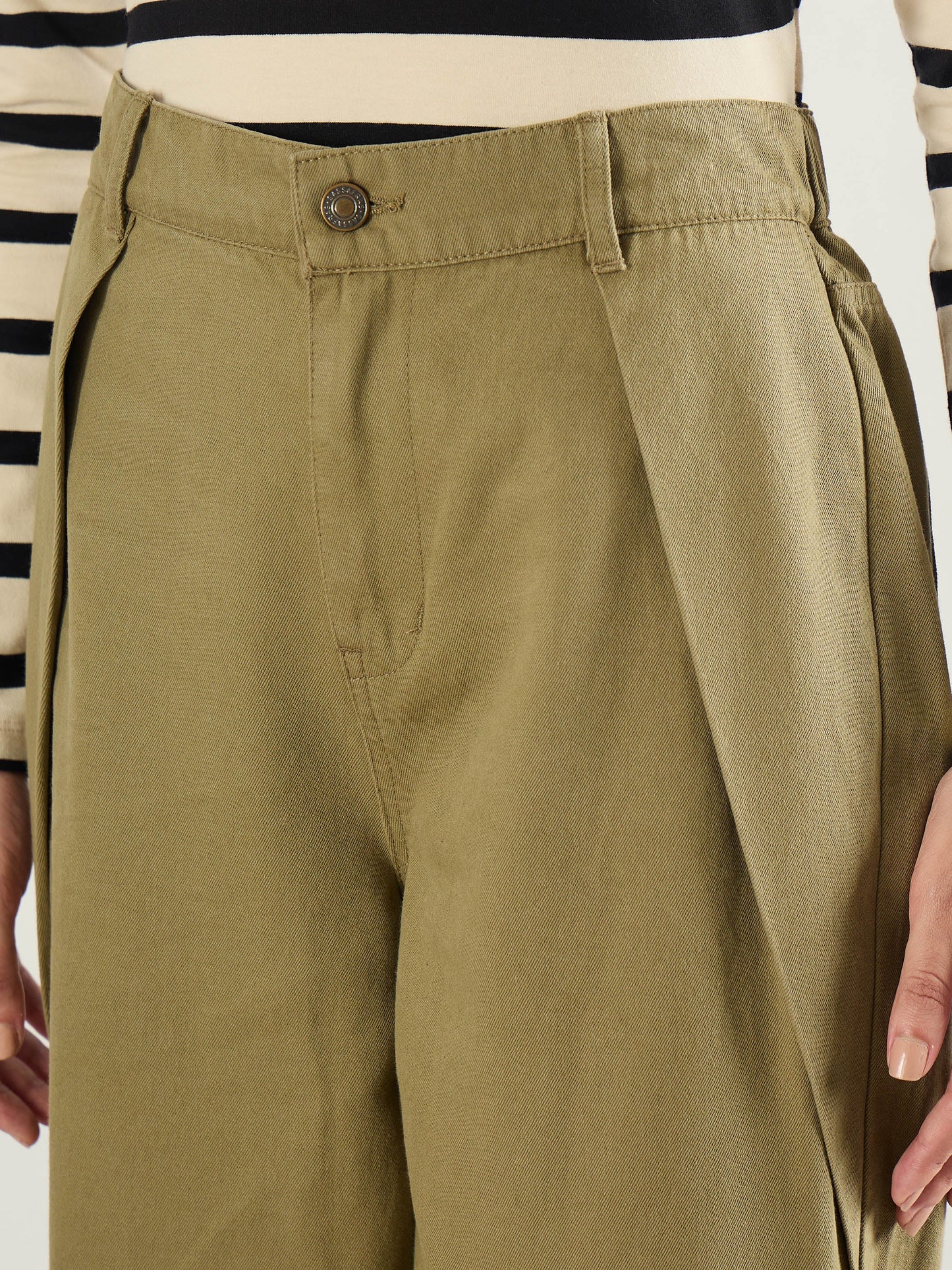 Olive Twill Inverted Pleat Wide Leg Pants