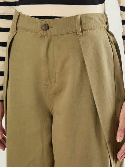 Olive Twill Inverted Pleat Wide Leg Pants