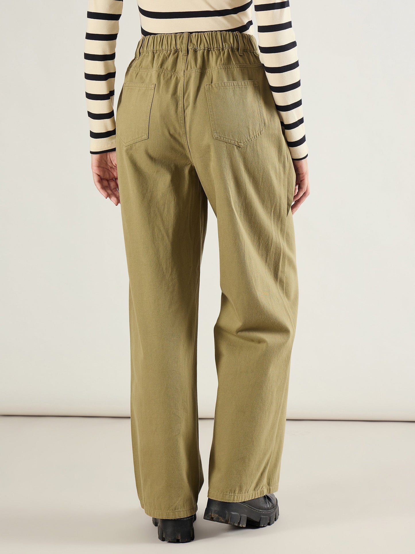 Olive Twill Inverted Pleat Wide Leg Pants