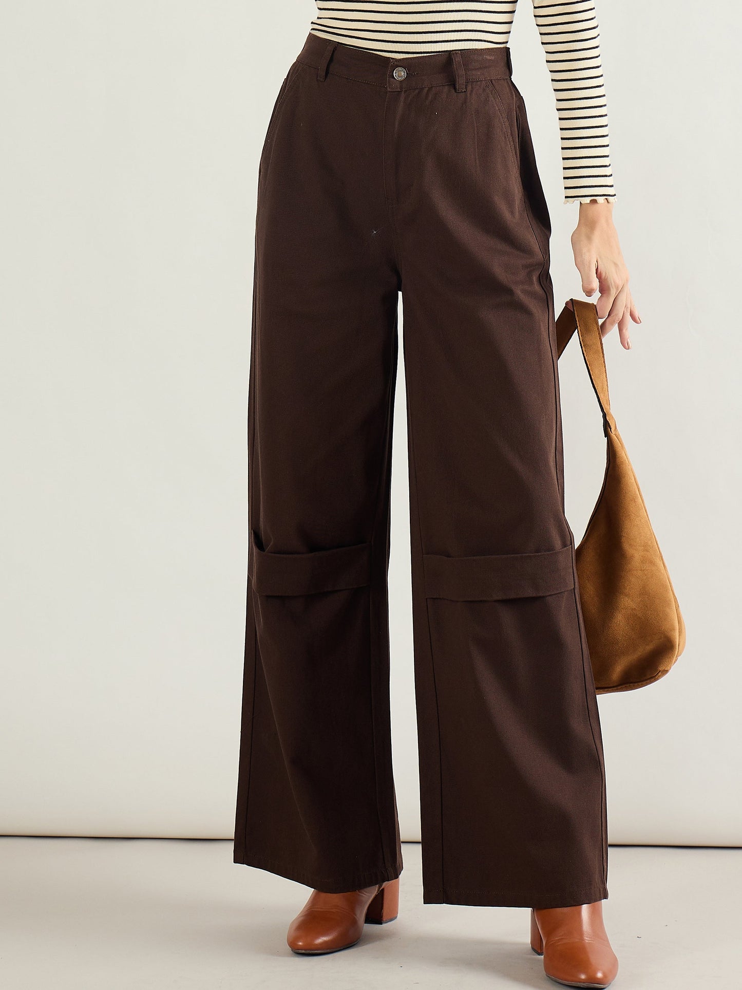 Brown Twill Knee Pleated Wide Leg Pants