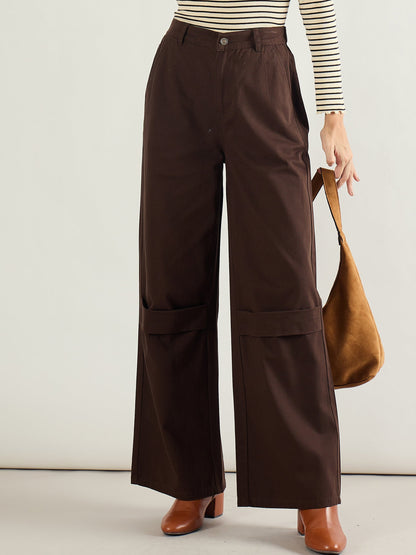 Brown Twill Knee Pleated Wide Leg Pants