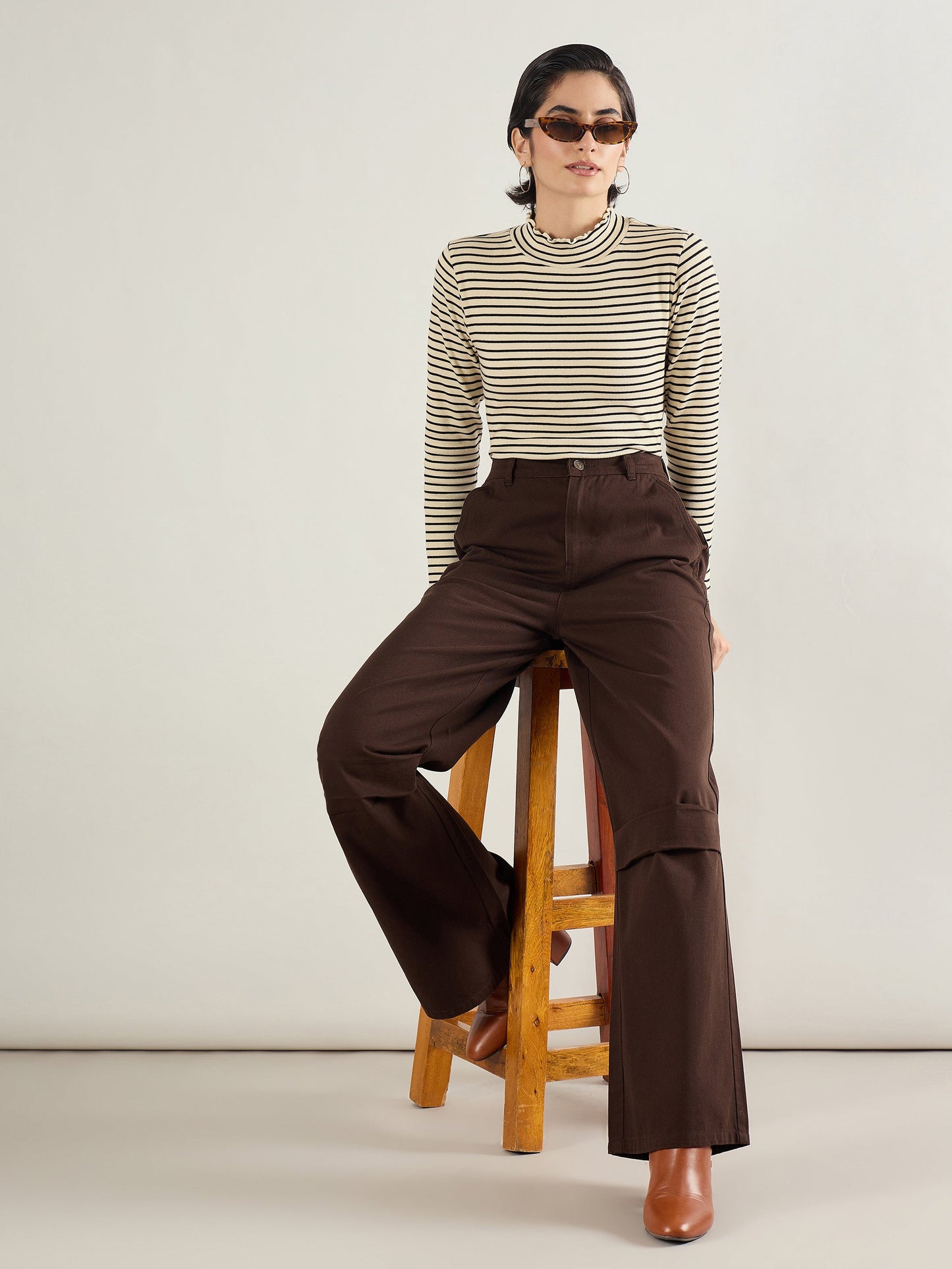 Brown Twill Knee Pleated Wide Leg Pants