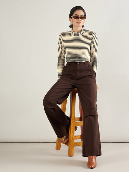 Brown Twill Knee Pleated Wide Leg Pants