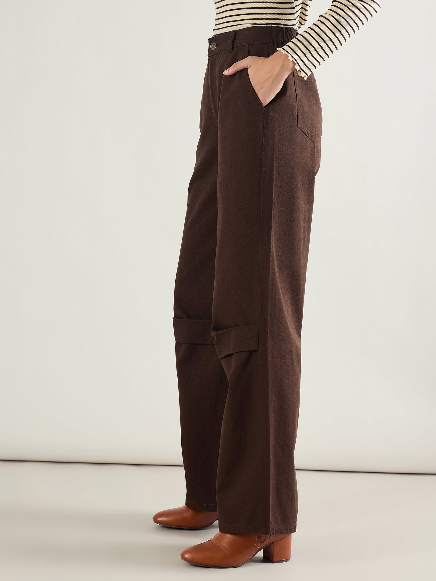 Brown Twill Knee Pleated Wide Leg Pants