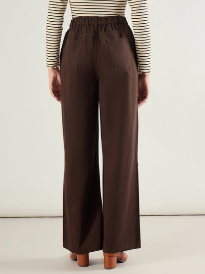 Brown Twill Knee Pleated Wide Leg Pants