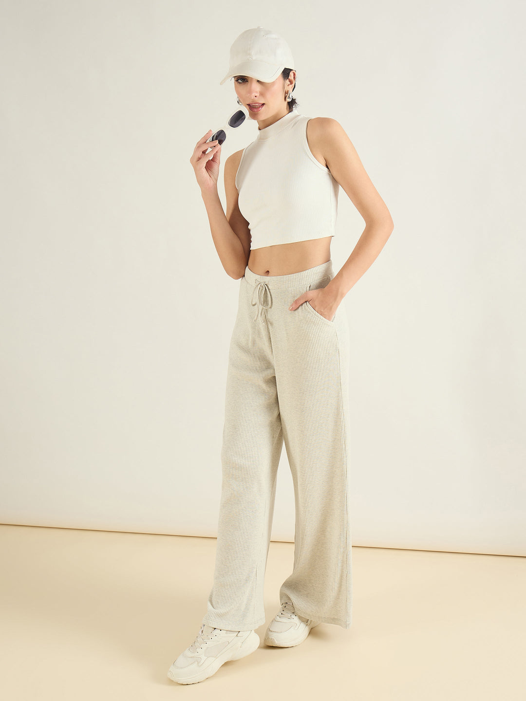Women Light Grey Melange Rib Drawstring Pants