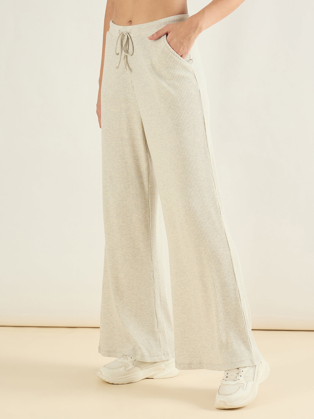 Women Light Grey Melange Rib Drawstring Pants