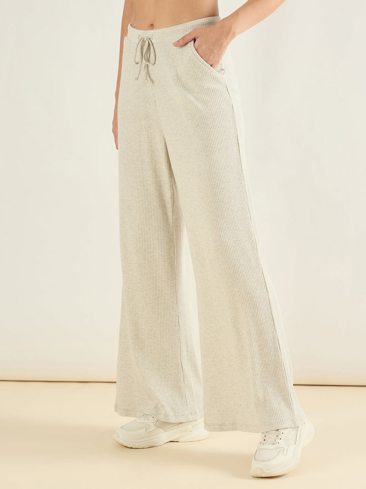 Women Light Grey Melange Rib Drawstring Pants