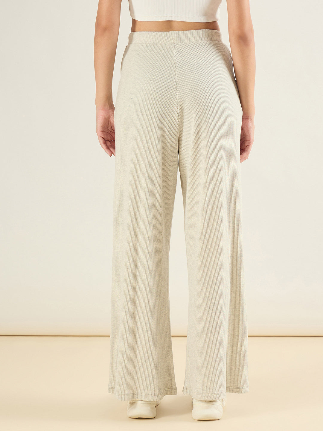Women Light Grey Melange Rib Drawstring Pants