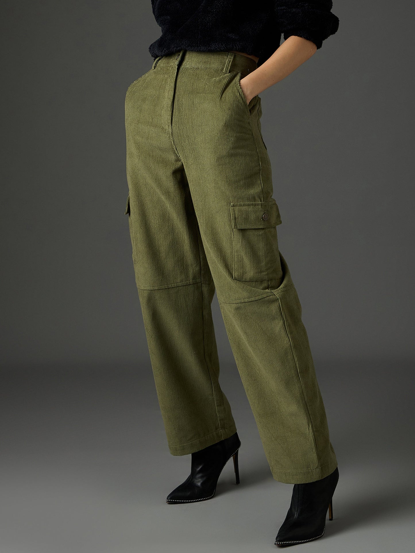 Women Olive Corduroy Straight Fit Cargo Pants