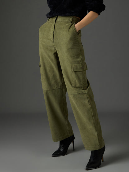 Women Olive Corduroy Straight Fit Cargo Pants