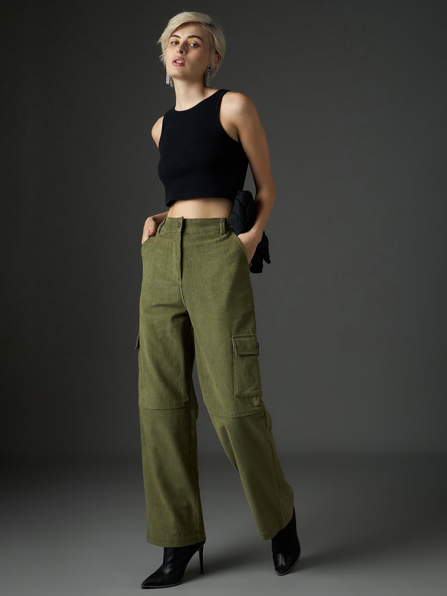 Women Olive Corduroy Straight Fit Cargo Pants