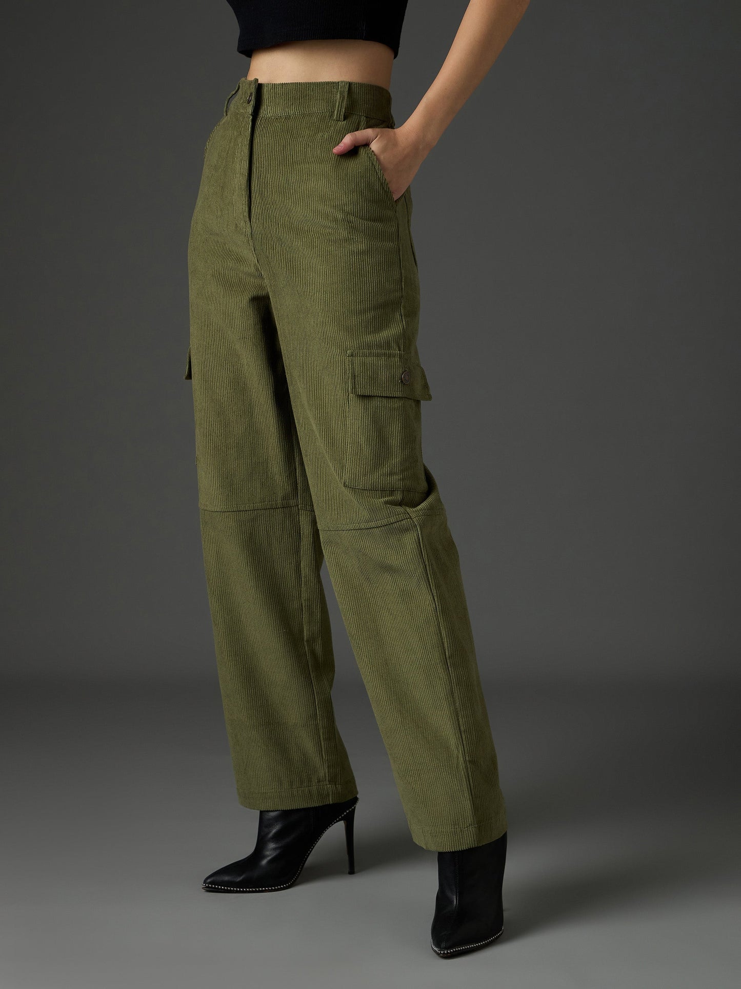 Women Olive Corduroy Straight Fit Cargo Pants