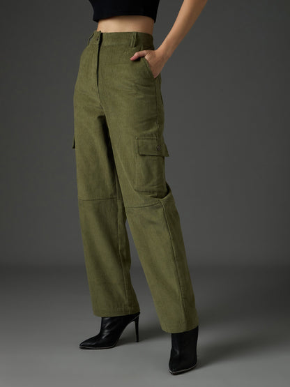 Women Olive Corduroy Straight Fit Cargo Pants