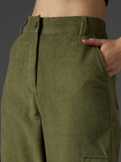 Women Olive Corduroy Straight Fit Cargo Pants