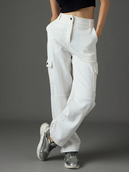 Women White Corduroy Straight Fit Cargo Pants