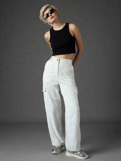 Women White Corduroy Straight Fit Cargo Pants