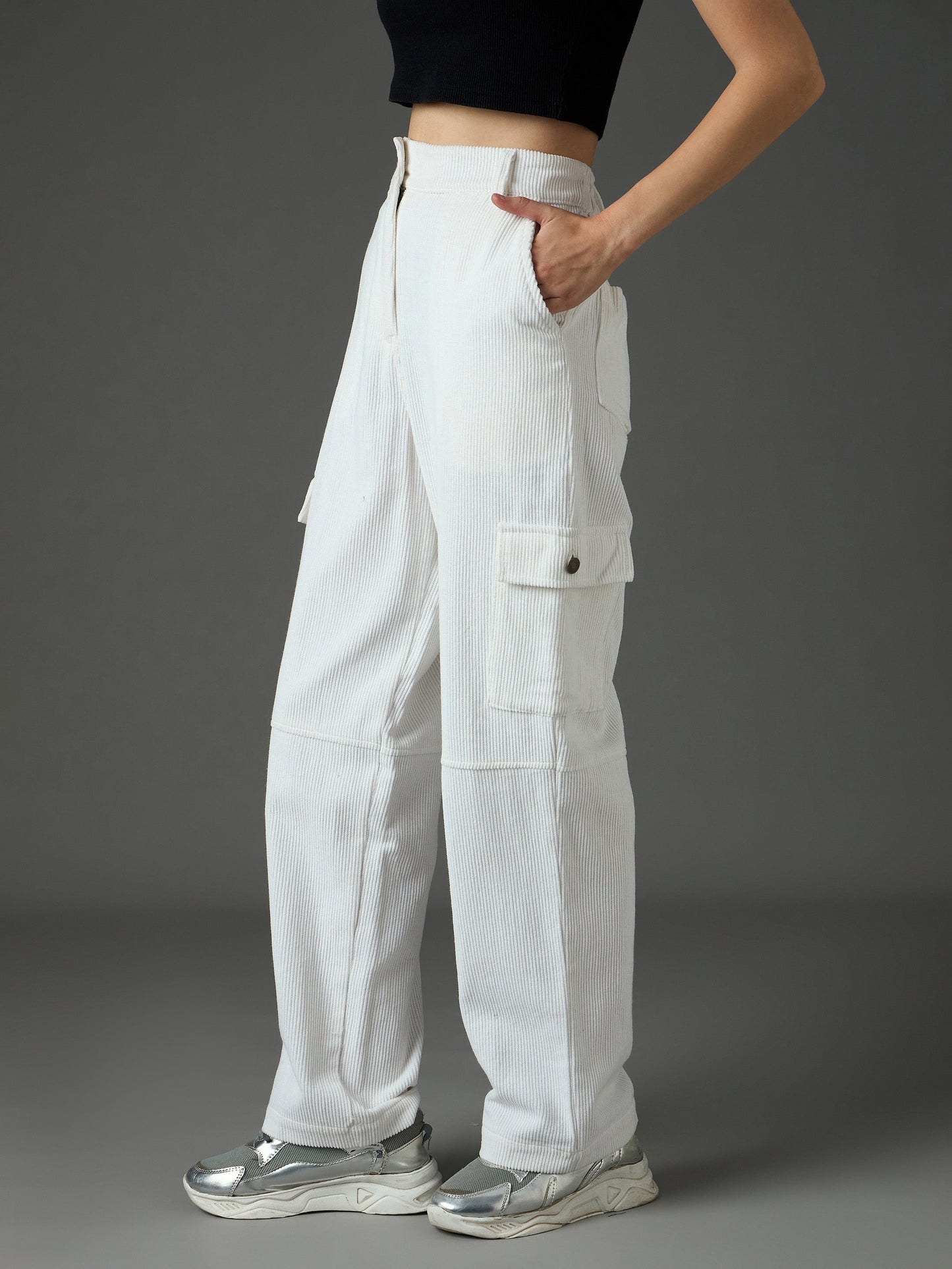Women White Corduroy Straight Fit Cargo Pants