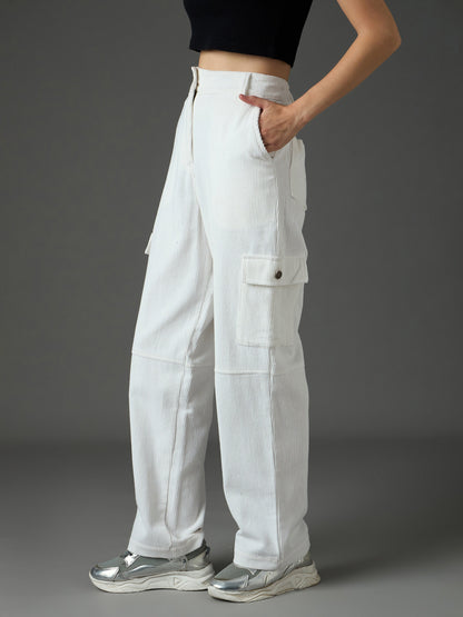 Women White Corduroy Straight Fit Cargo Pants