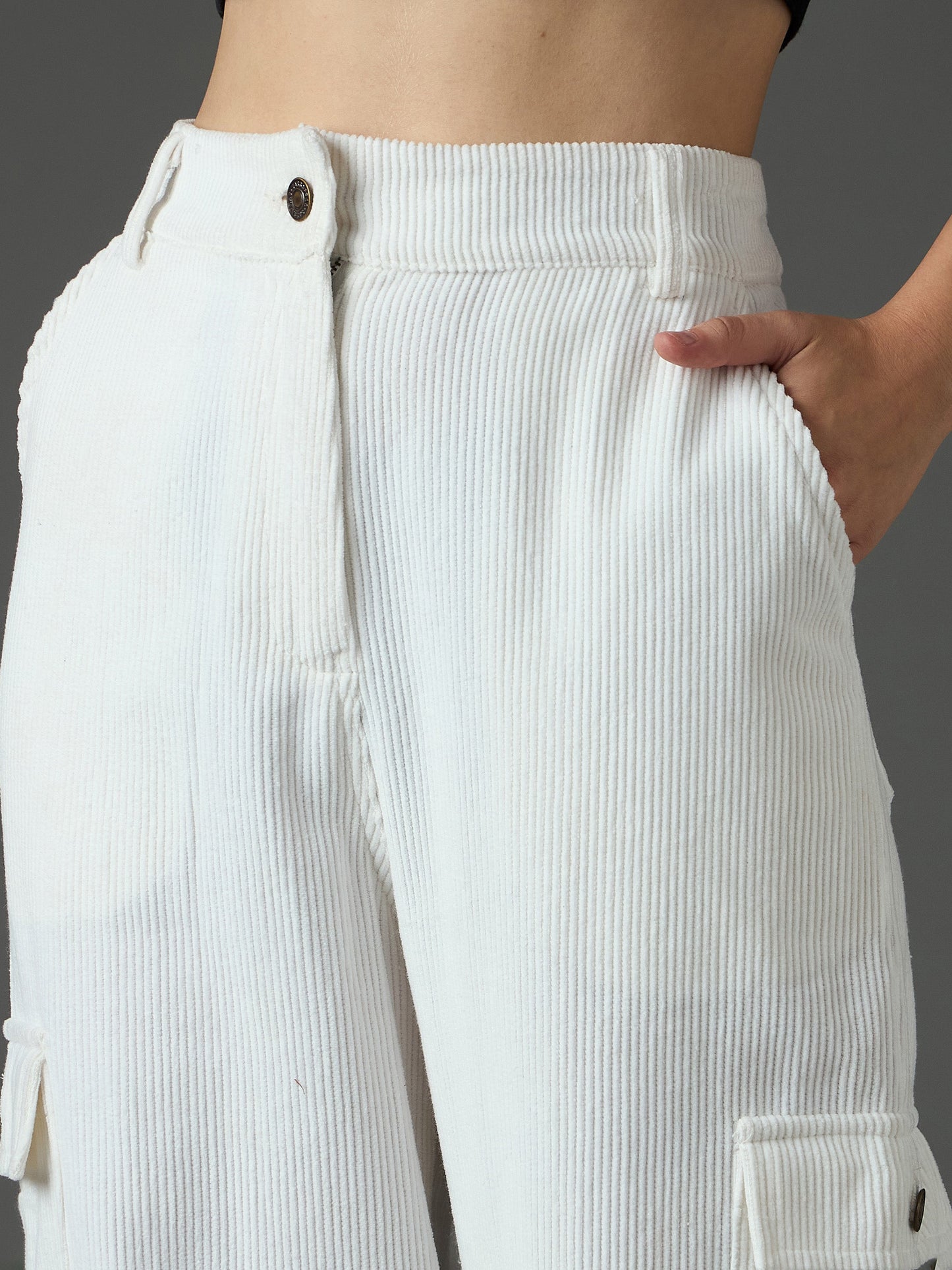 Women White Corduroy Straight Fit Cargo Pants
