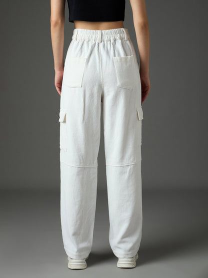 Women White Corduroy Straight Fit Cargo Pants