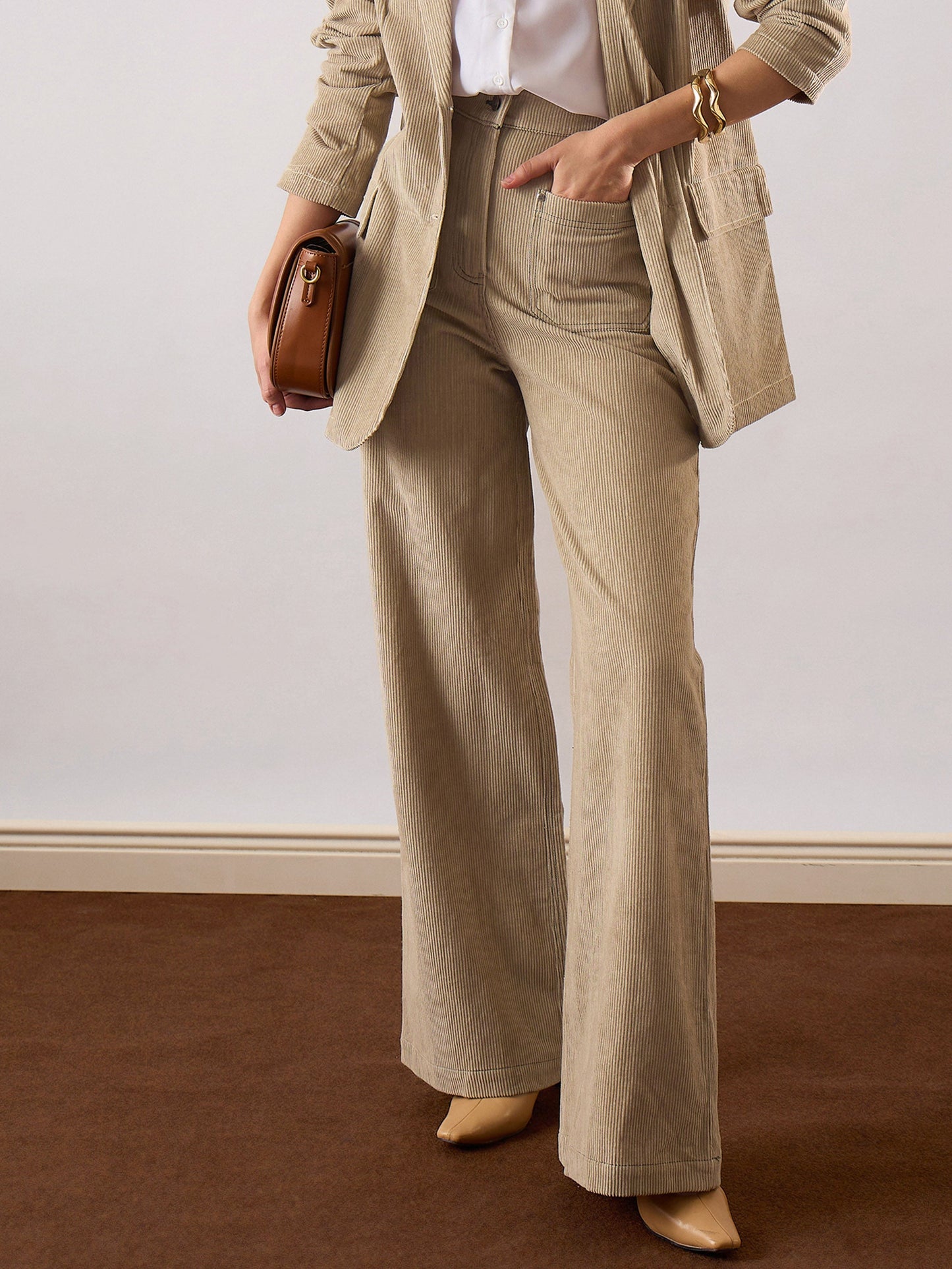 Women Beige Corduroy Front Patch Pocket Wide Leg Pants