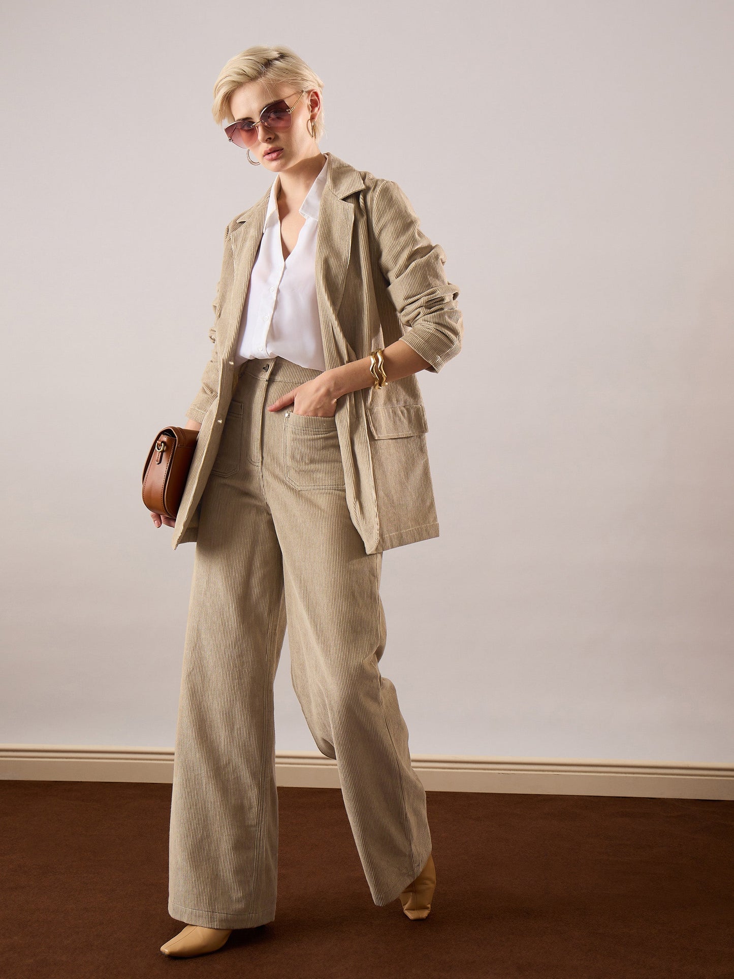 Women Beige Corduroy Front Patch Pocket Wide Leg Pants