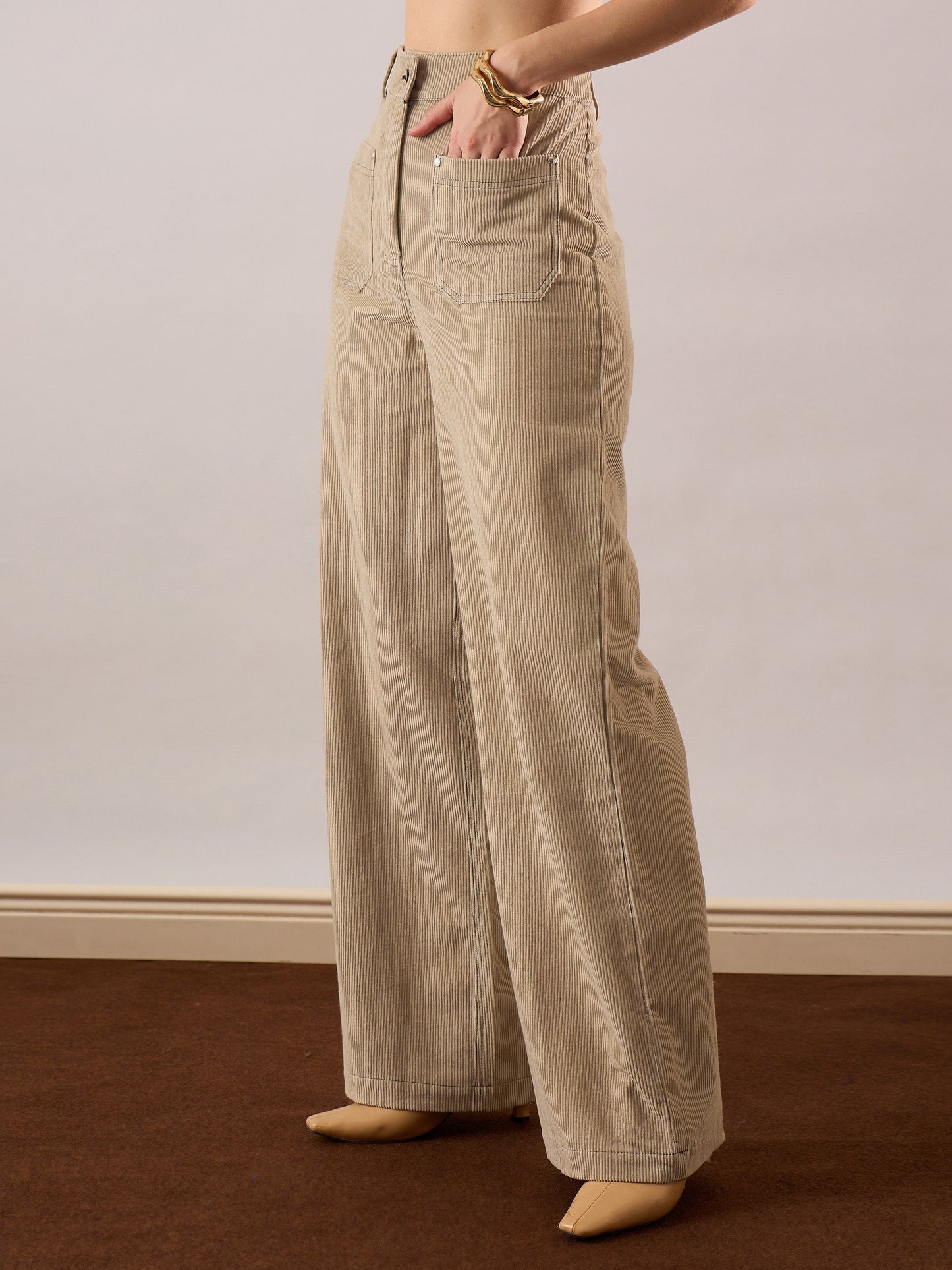 Women Beige Corduroy Front Patch Pocket Wide Leg Pants