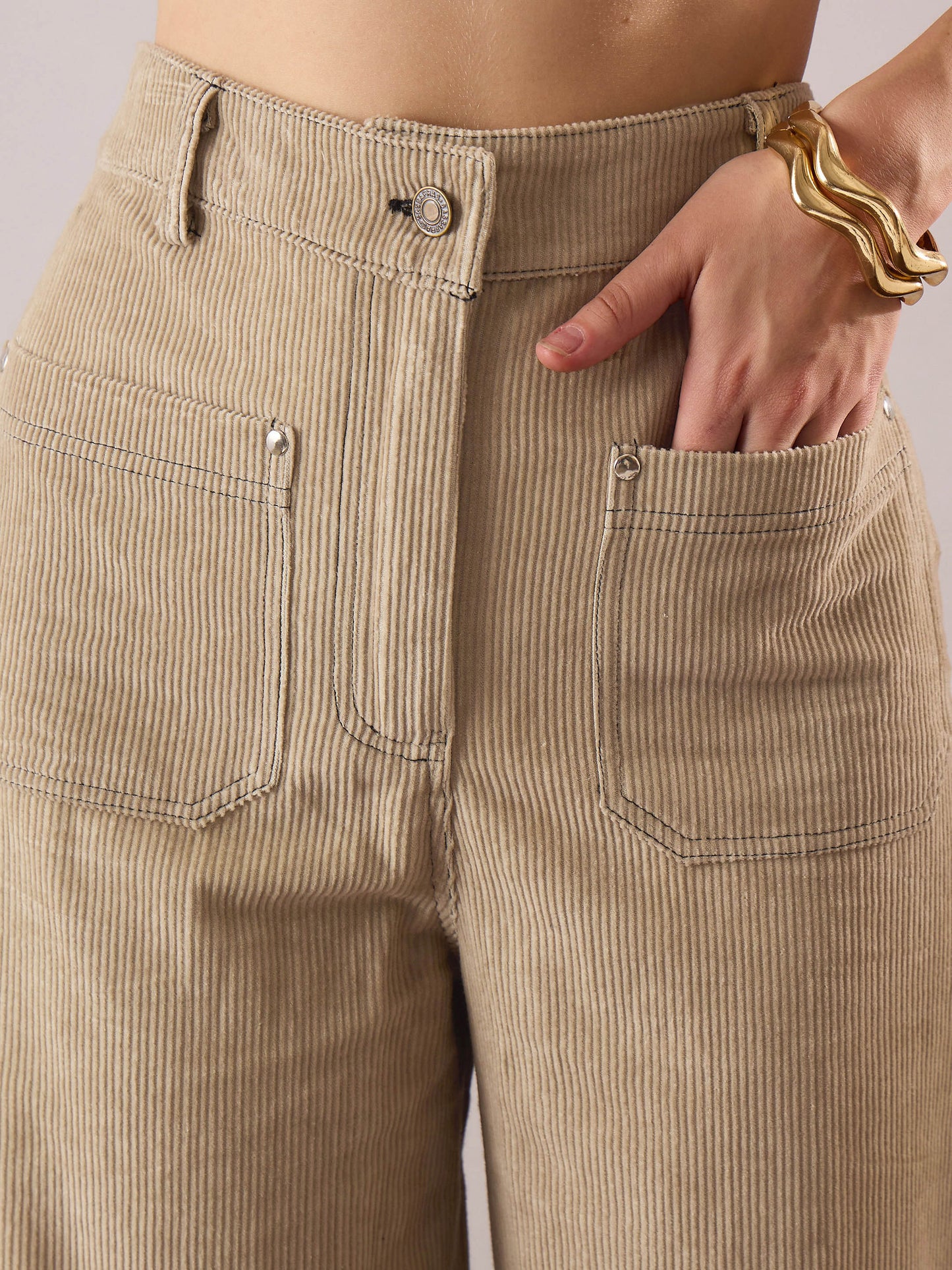Women Beige Corduroy Front Patch Pocket Wide Leg Pants