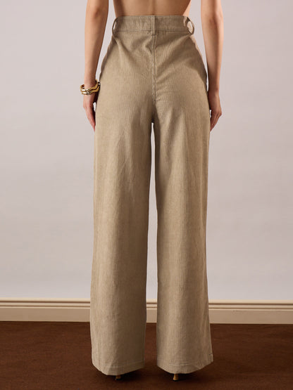 Women Beige Corduroy Front Patch Pocket Wide Leg Pants