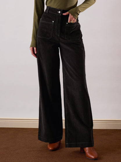 Women Black Corduroy Front Patch Pocket Wide Leg Pants