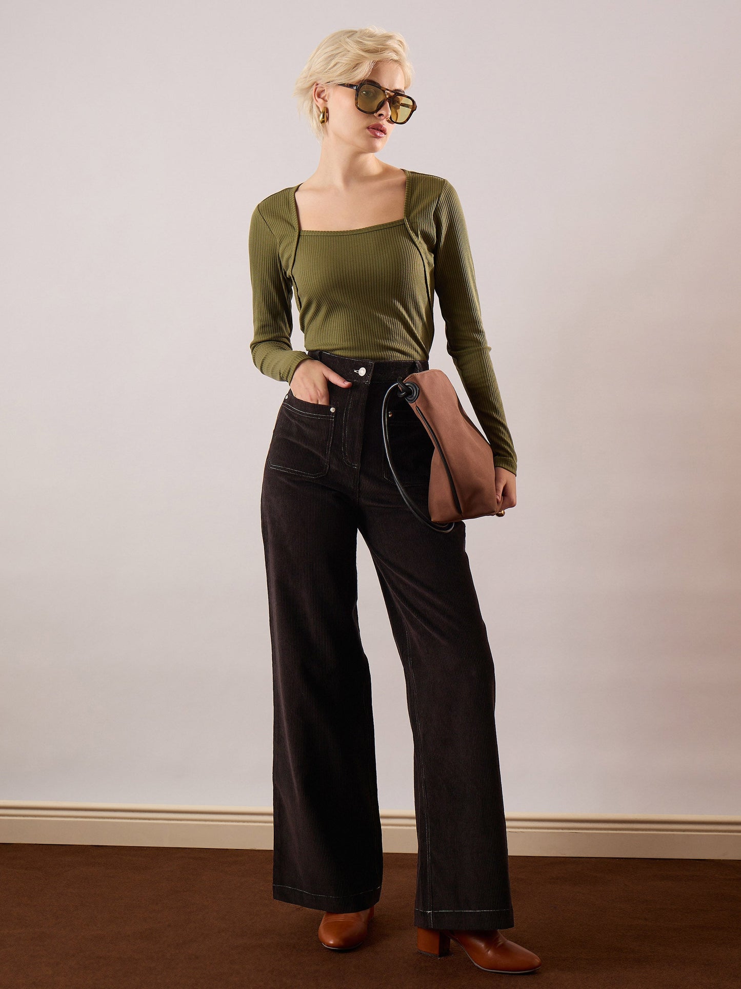 Women Black Corduroy Front Patch Pocket Wide Leg Pants