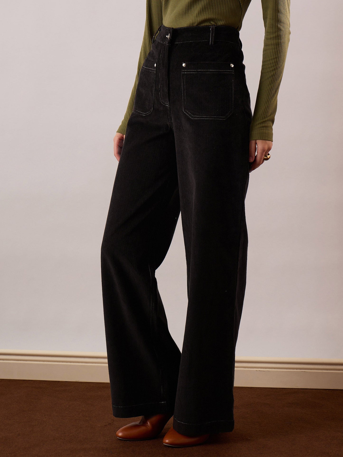 Women Black Corduroy Front Patch Pocket Wide Leg Pants
