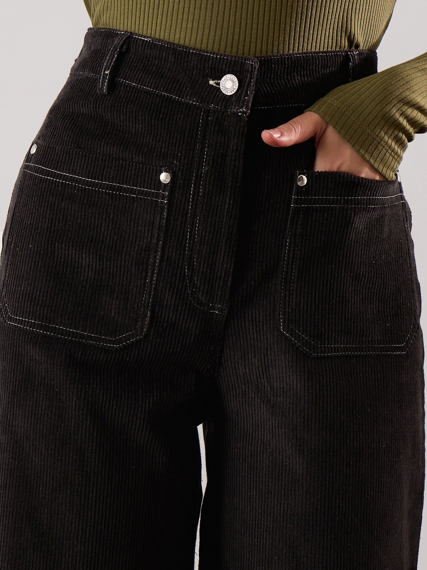 Women Black Corduroy Front Patch Pocket Wide Leg Pants