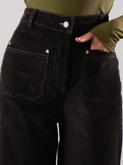 Women Black Corduroy Front Patch Pocket Wide Leg Pants