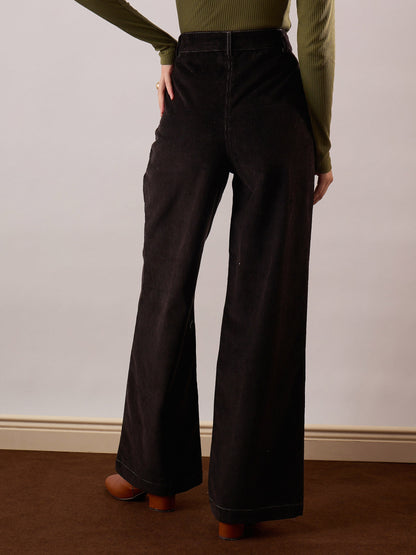 Women Black Corduroy Front Patch Pocket Wide Leg Pants