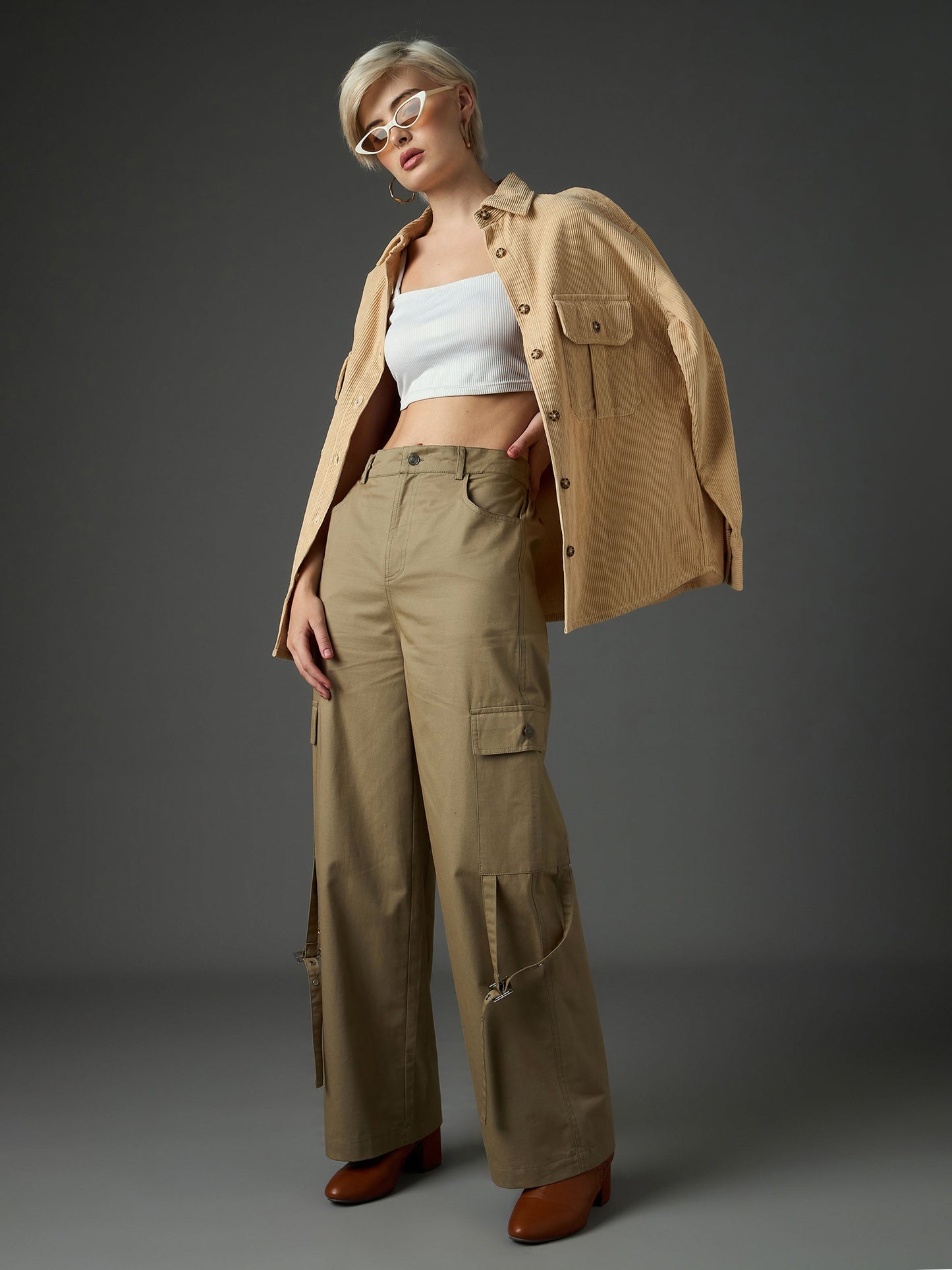 Women Pastel Olive Twill Pocket Loop Detail Cargo Pants